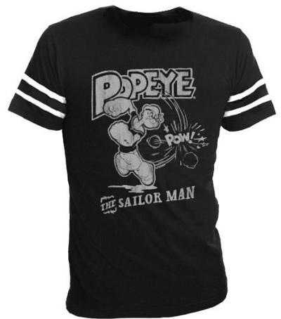 Popeye the Sailorman Pow Black with Striped Sleeves T-shirt