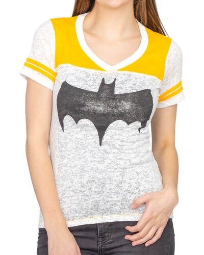 Vintage Batman Logo Juniors Burnout T-shirt with Striped Sleeves