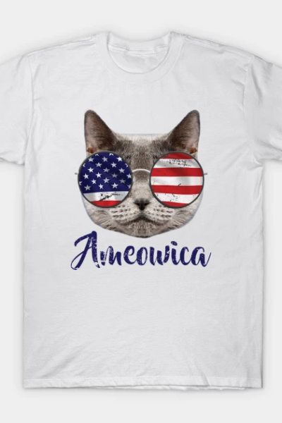 Ameowica America USA Cat Sunglasses text blue T-Shirt