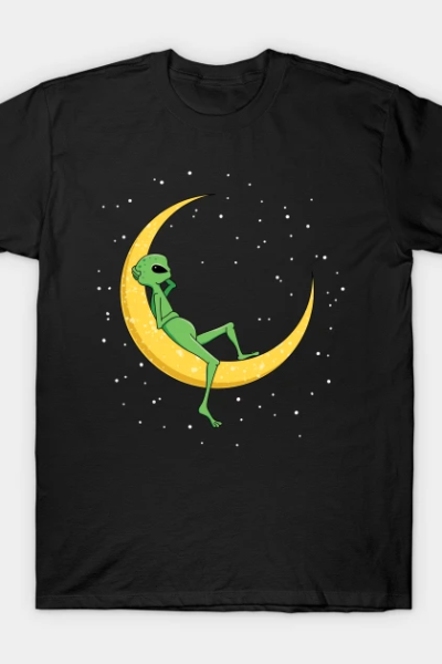Alien Chilling on Crescent Moon T-Shirt