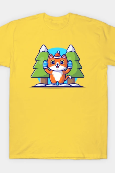 Cute Cat In Snow Winter Cartoon Vector Icon Illustration T-Shirt