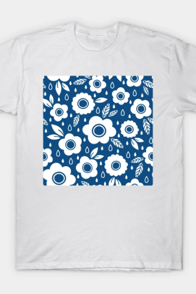 Spring Flowers Rain Classic Blue T-Shirt