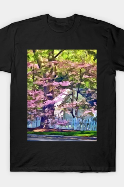 Spring – White Picket Fence by Flowering Trees T-Shirt